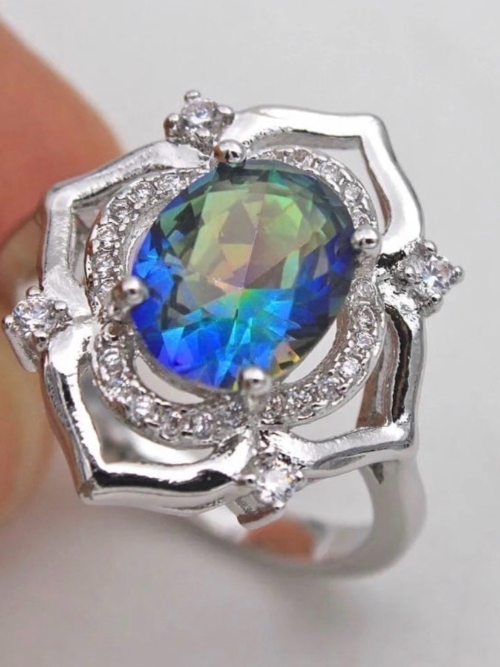 18K White Gold 8CT Blue Mystic Rainbow Topaz Diamond Ring
